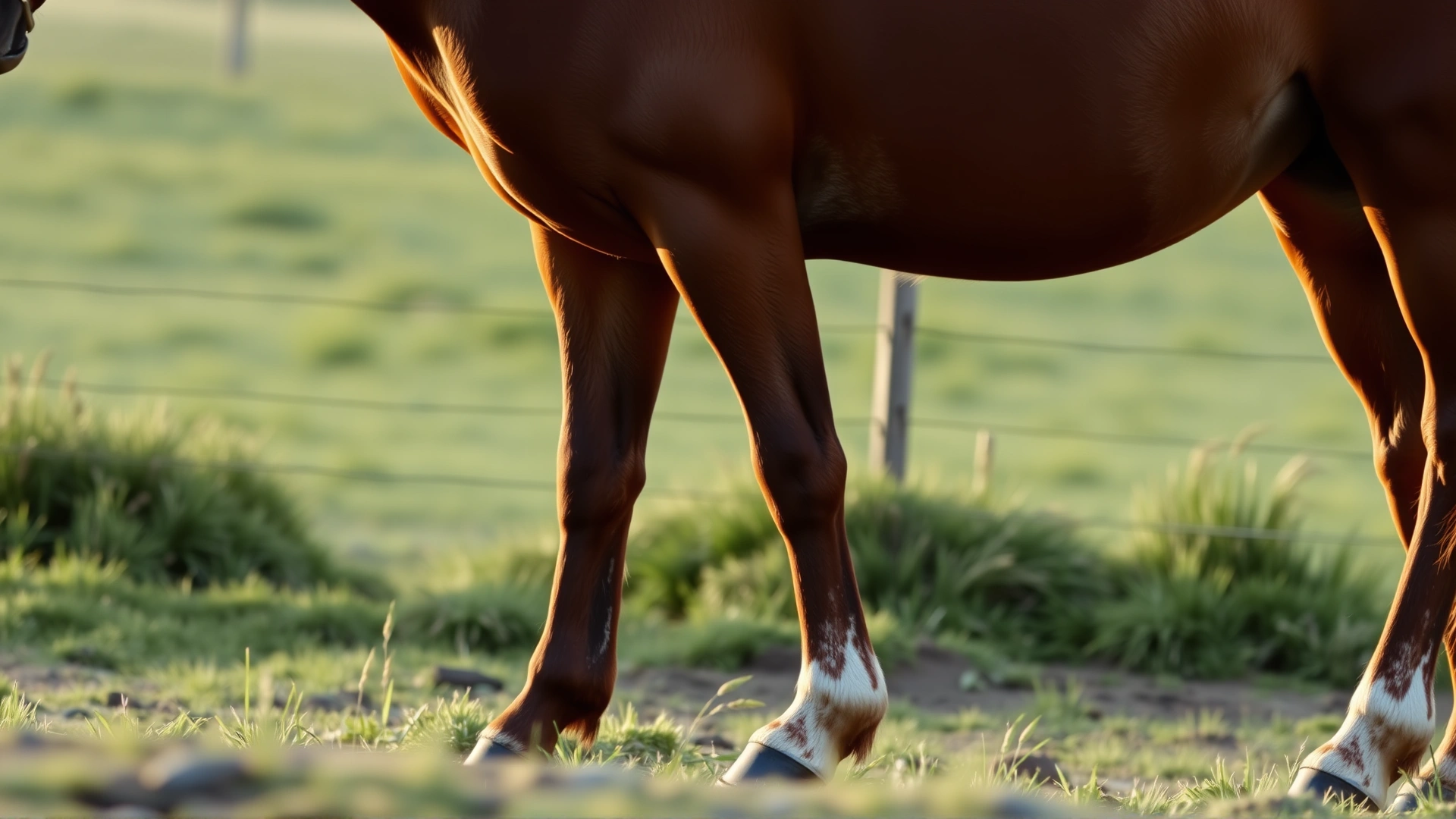 Horse standing in a paddock slightly resting one hind leg with visible discomfort, soft afternoon light, no text