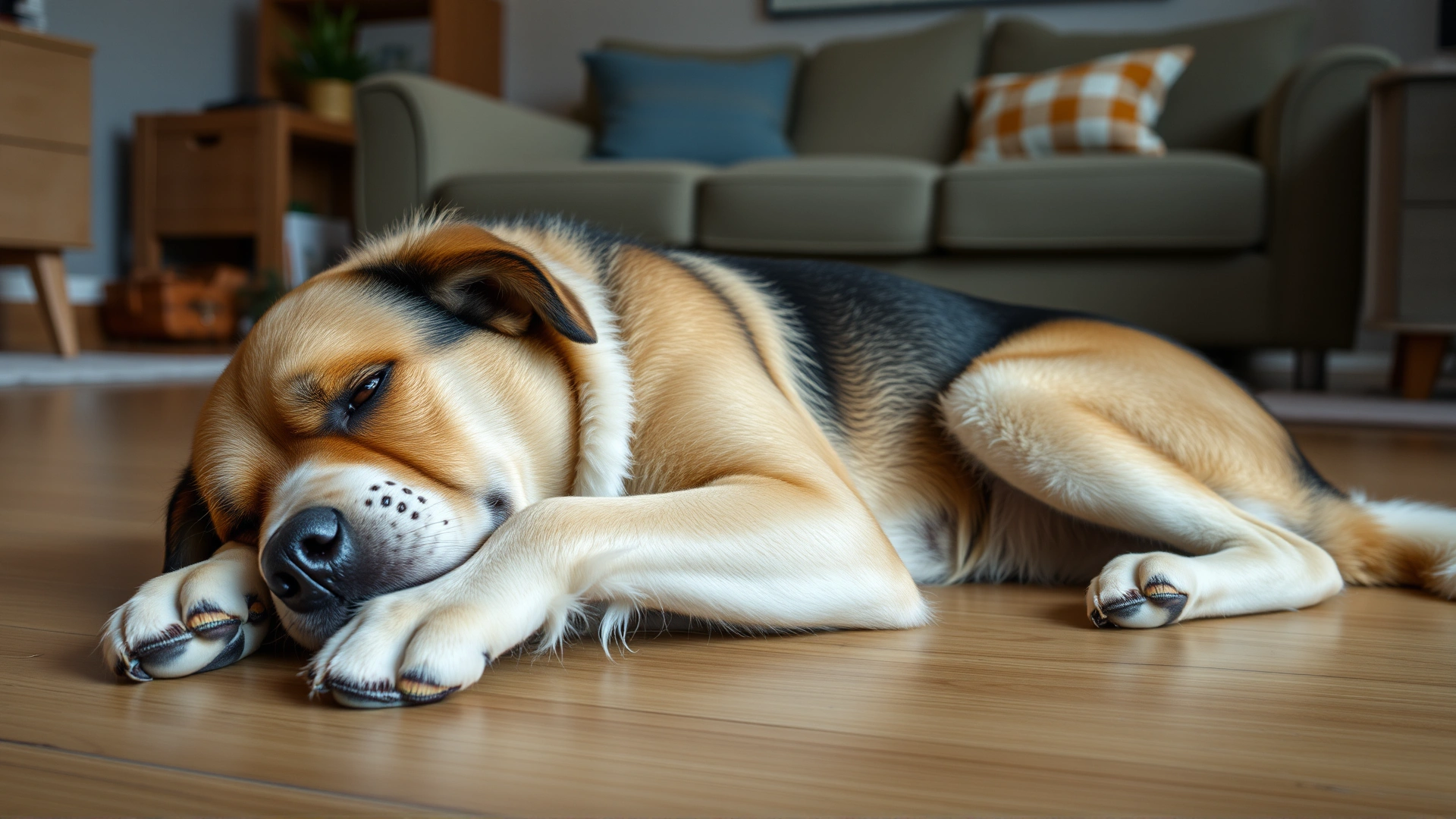 A lethargic dog lying on a living room floor, breathing shallowly, illustrating severe weakness.