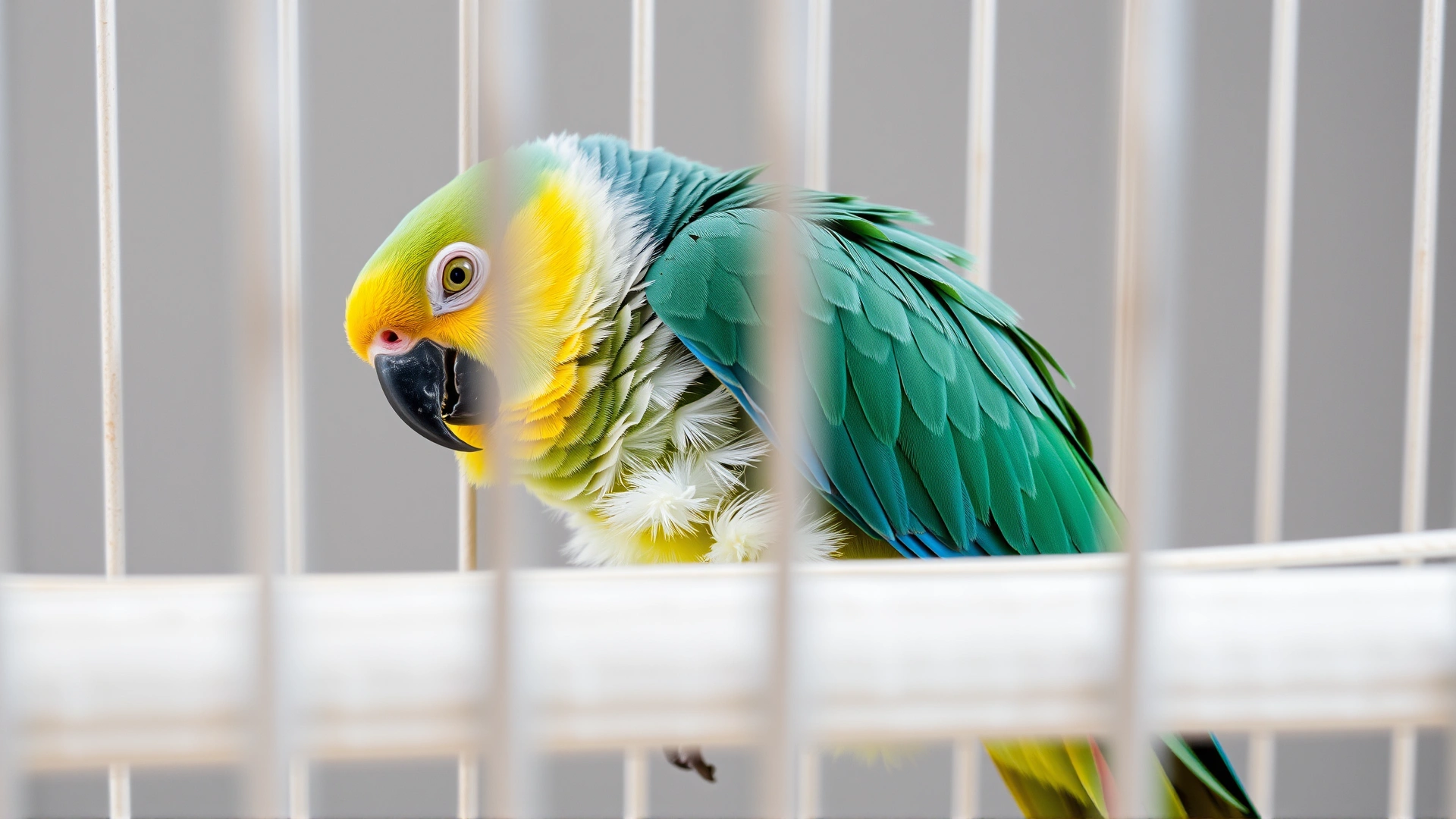 Close-up of a parrot looking lethargic and fluffing its feathers while perched alone in a plain cage, illustrating boredom signs.