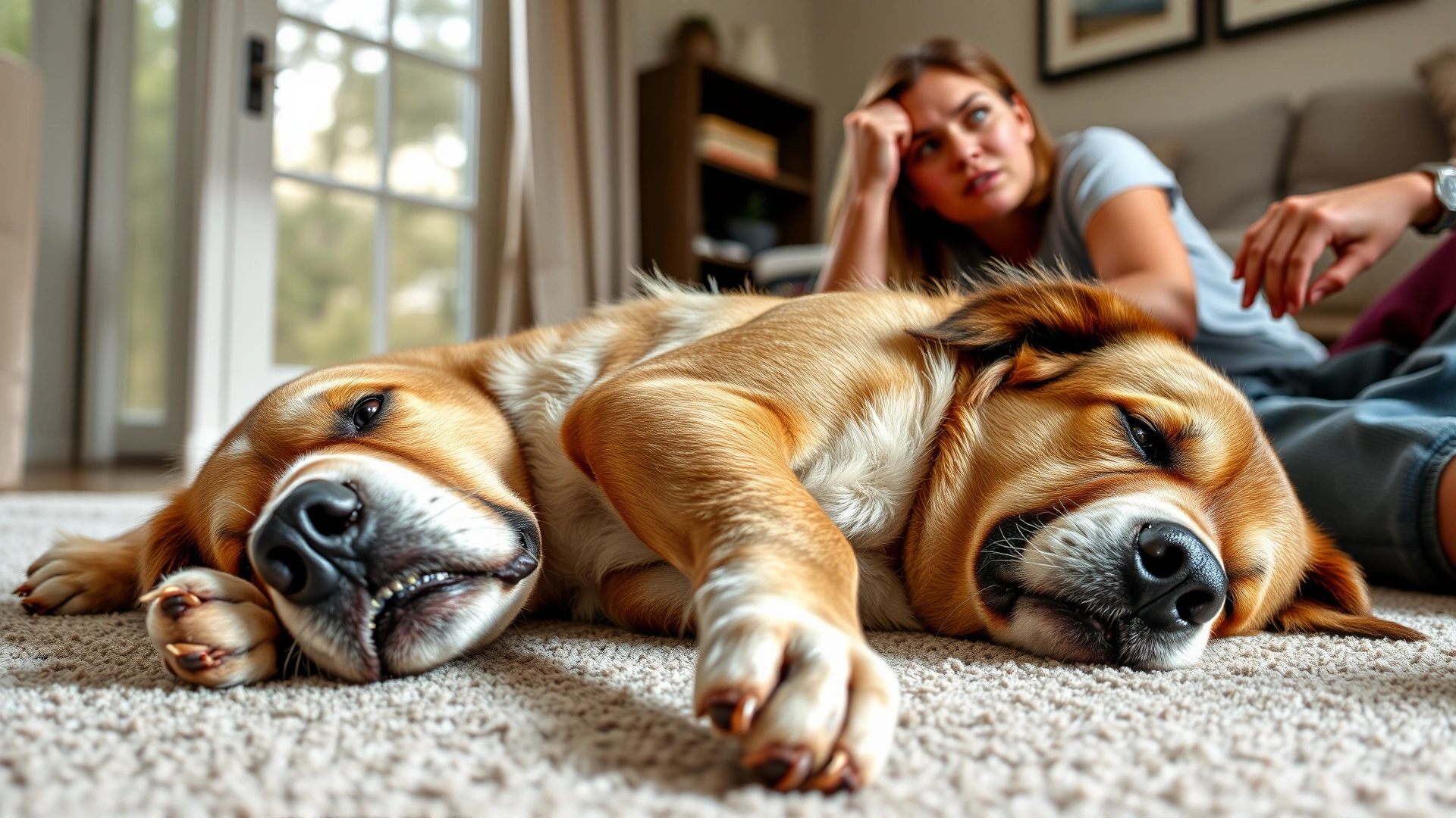 Medium-size dog lying on its side with visible discomfort, owner looking concerned, indoor living room environment, natural light