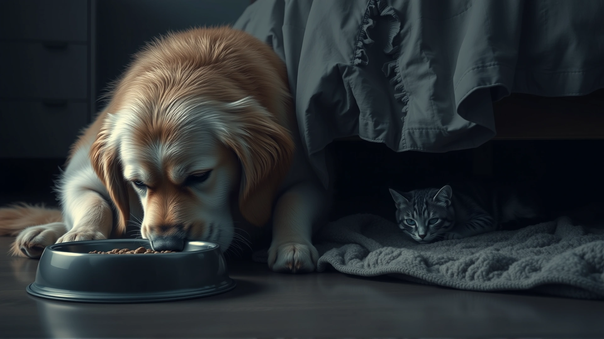Collage-style photo: a sad Golden Retriever turning away from a food bowl and a cat hiding under a bed, muted cool tones to convey melancholy