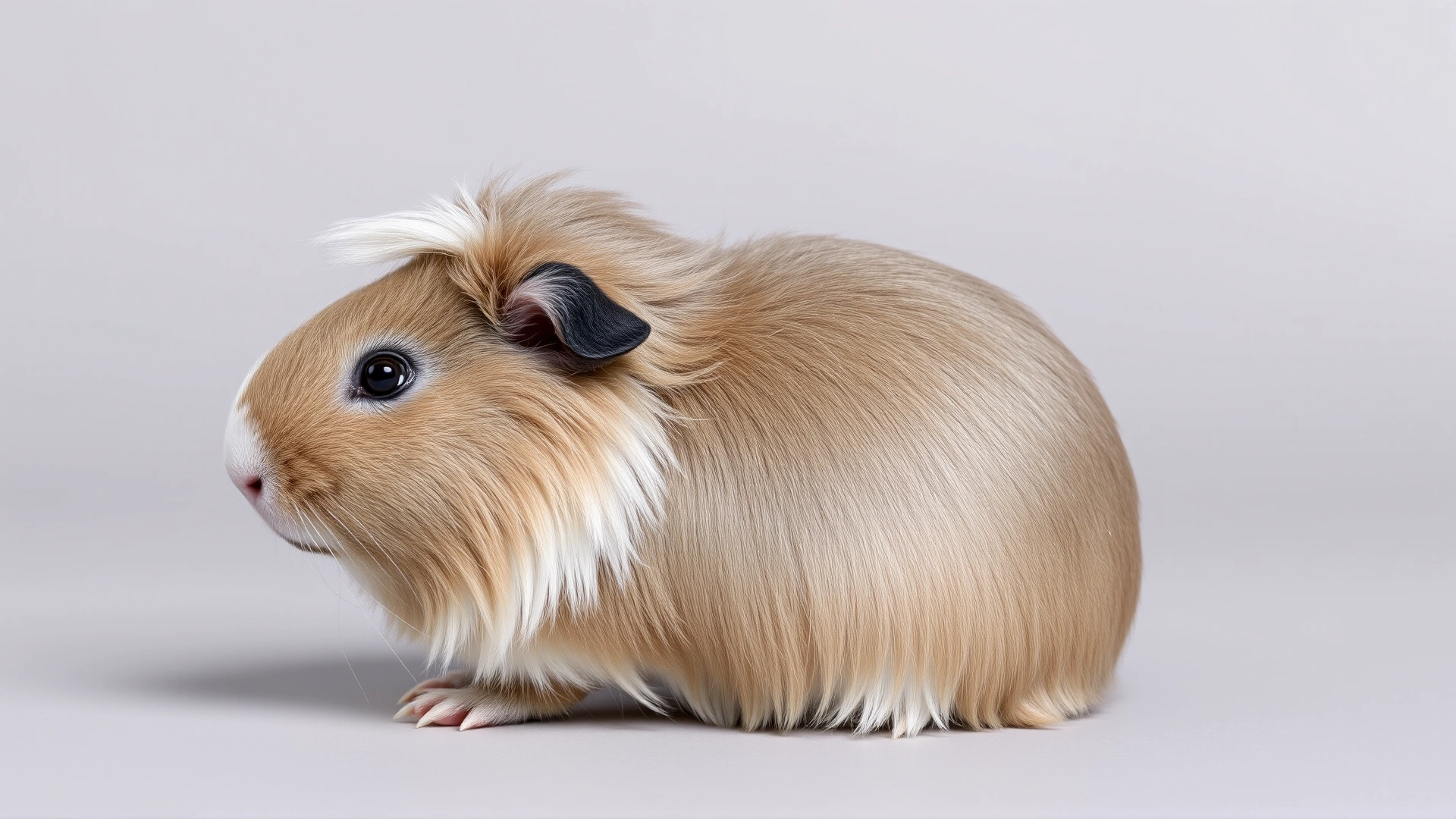 Silkie (Sheltie) guinea pig with smooth back-swept hair, photographed on a neutral grey backdrop, no text