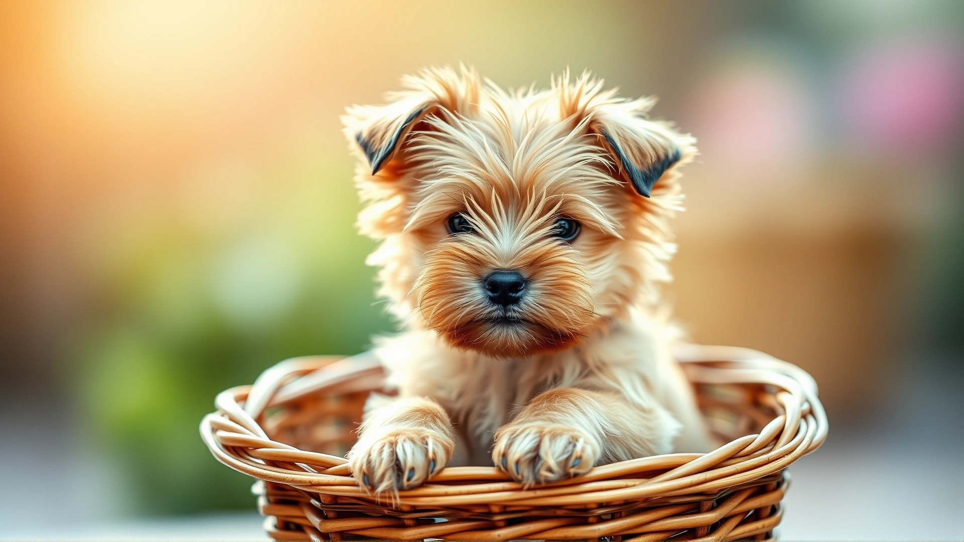 Close-up photo of an adorable Silky Terrier puppy sitting inside a wicker basket with soft natural lighting and a blurred background.