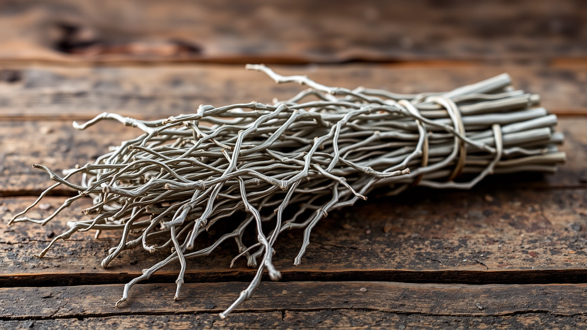 Bundle of dried silver vine sticks neatly arranged on a rustic wooden table, high-detail macro style.