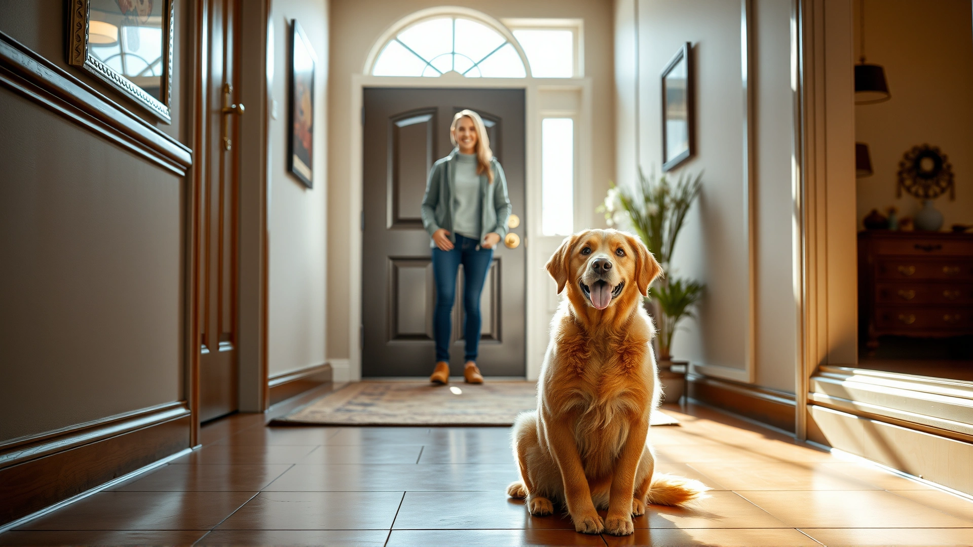 Friendly dog sitting politely in front of a smiling visitor at the front door, indoor hallway setting, natural light