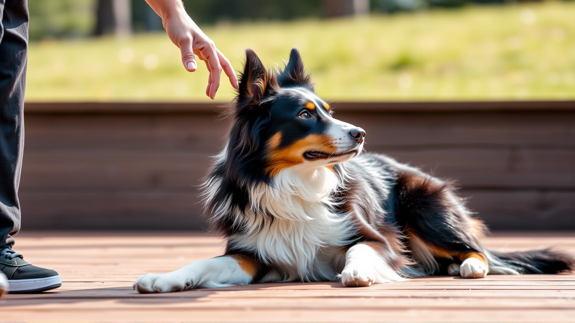 Close-up of a trainer’s hand moving upward while a border collie transitions into a sit position on a wooden deck.