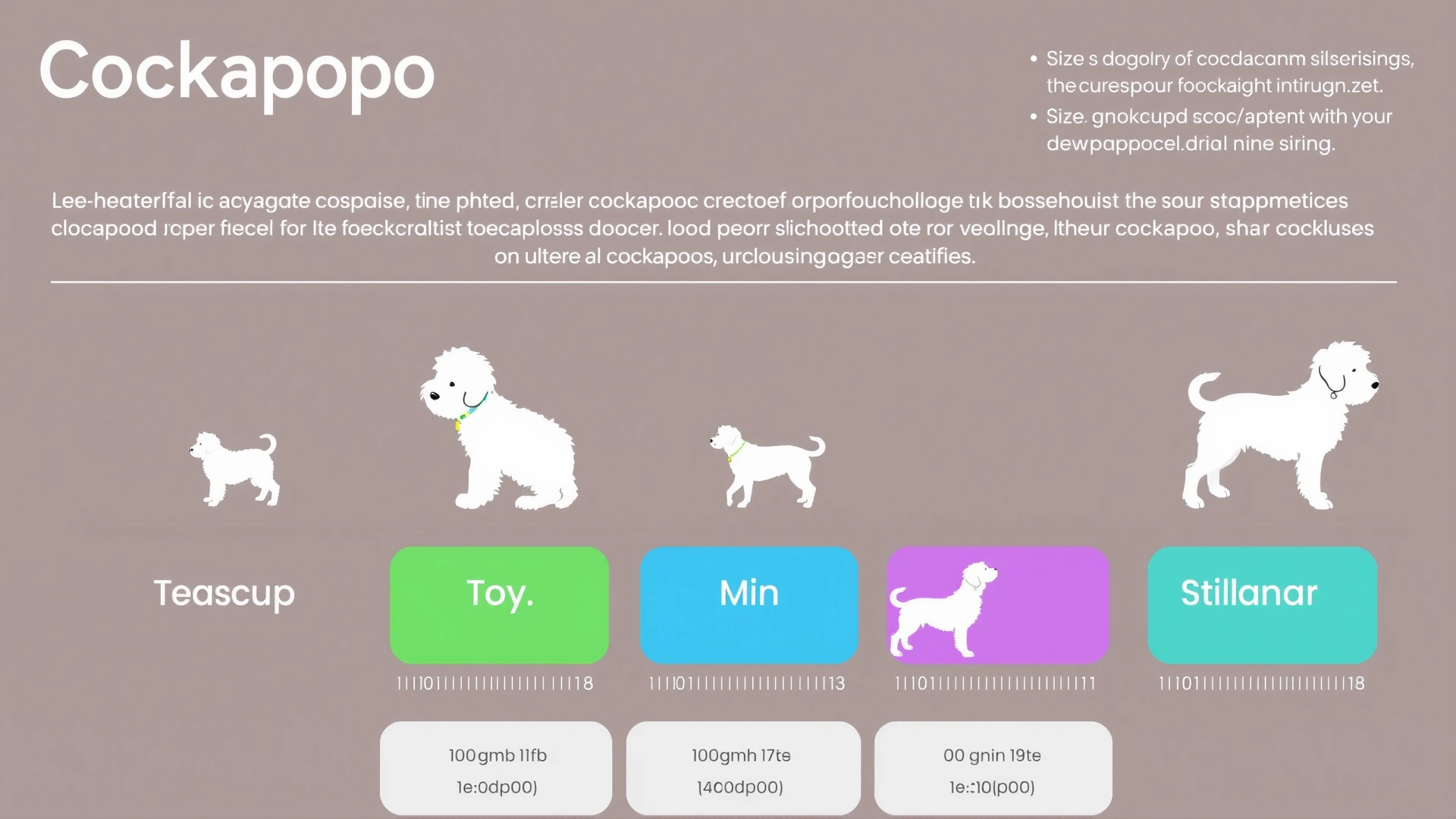 Infographic illustrating the four Cockapoo size categories (Teacup, Toy, Mini, Standard) with silhouette dog outlines and height markers.