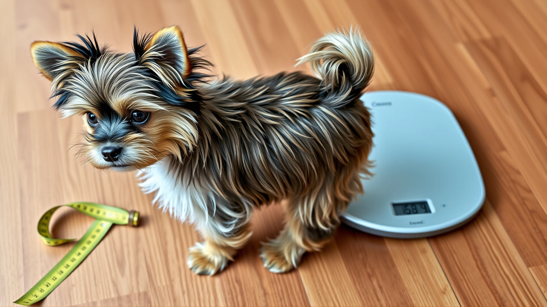 A small Shorkie standing beside a measuring tape and a digital scale on a wooden floor, illustrating its compact size.