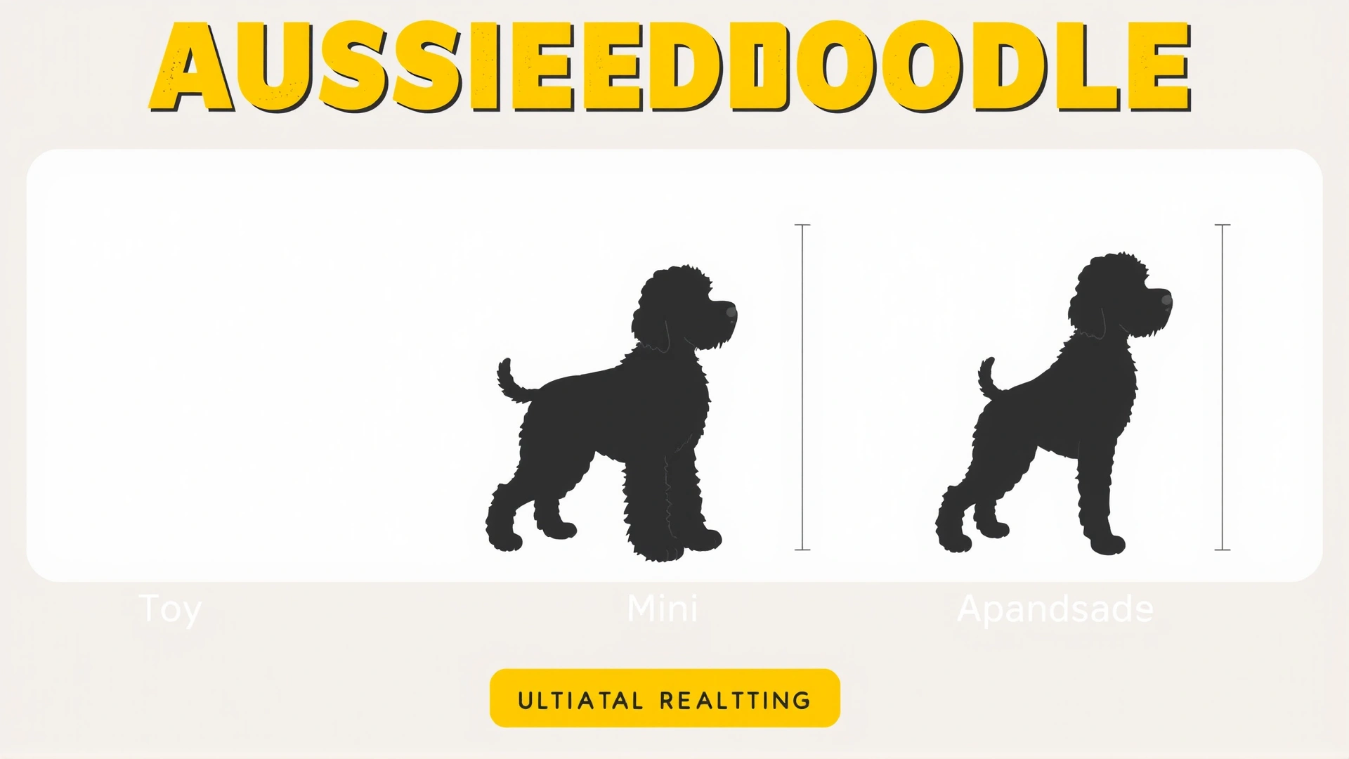 Infographic style illustration comparing the three Aussiedoodle sizes (toy, mini, standard) with silhouette outlines and approximate height markers on a neutral background.