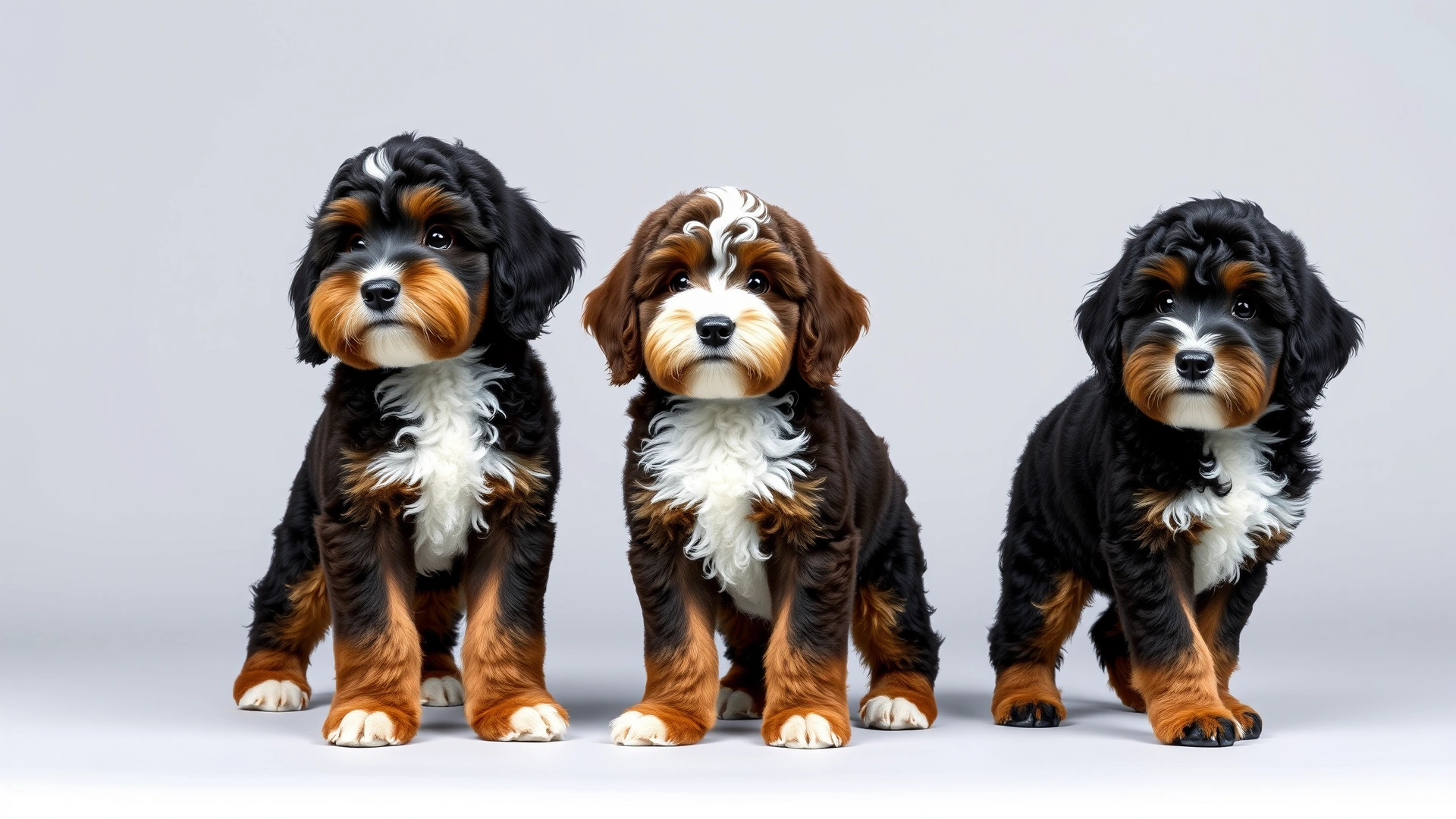 Three Bernedoodles of different sizes (tiny, mini, standard) standing side by side on a neutral background, clearly showing the scale difference