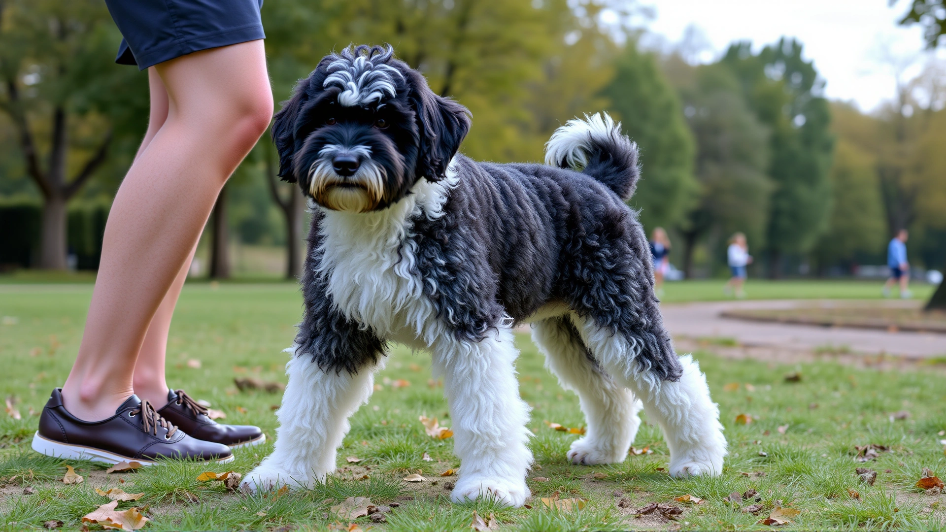 Full-grown Sheepadoodle standing next to human legs for scale in a park setting, natural light, no text