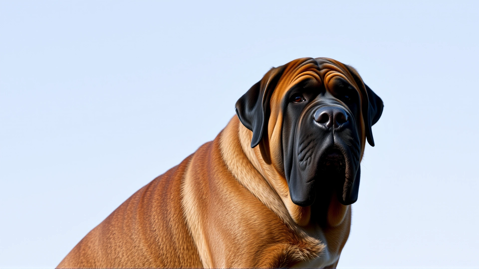 An adult Spanish Mastiff sitting next to a 180-cm tall man for scale, both looking at the camera, plain outdoor background, high-resolution