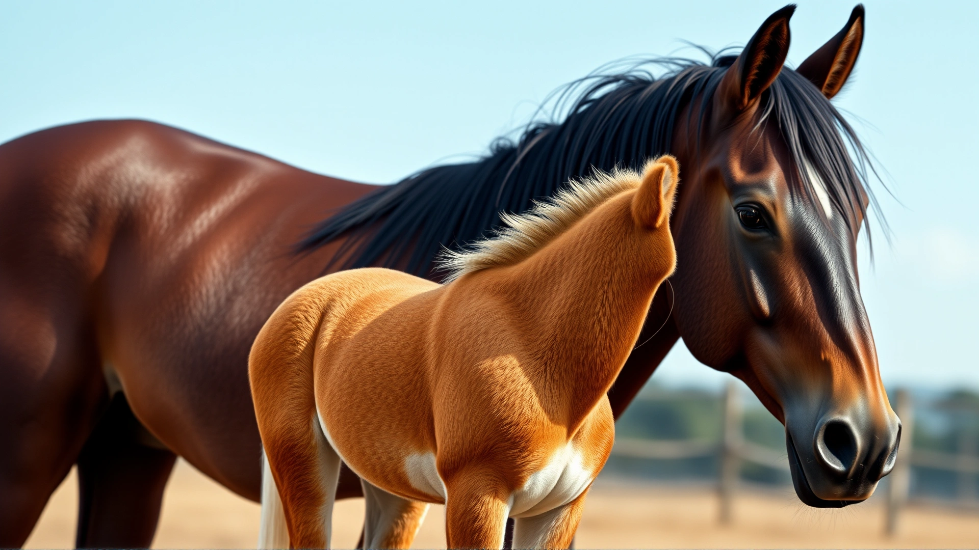 Side-by-side shot of an American Miniature Horse standing next to a full-size Quarter Horse for scale comparison