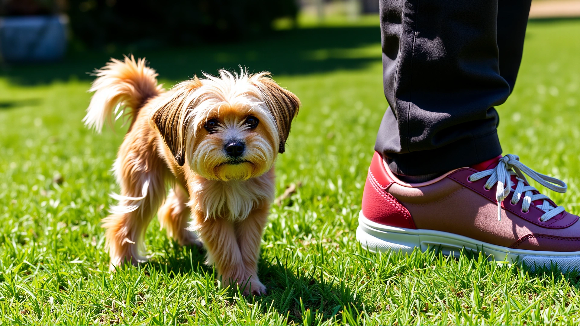 A Bolognese dog standing on green grass next to a human sneaker to illustrate its small size, photographed outdoors on a sunny day.