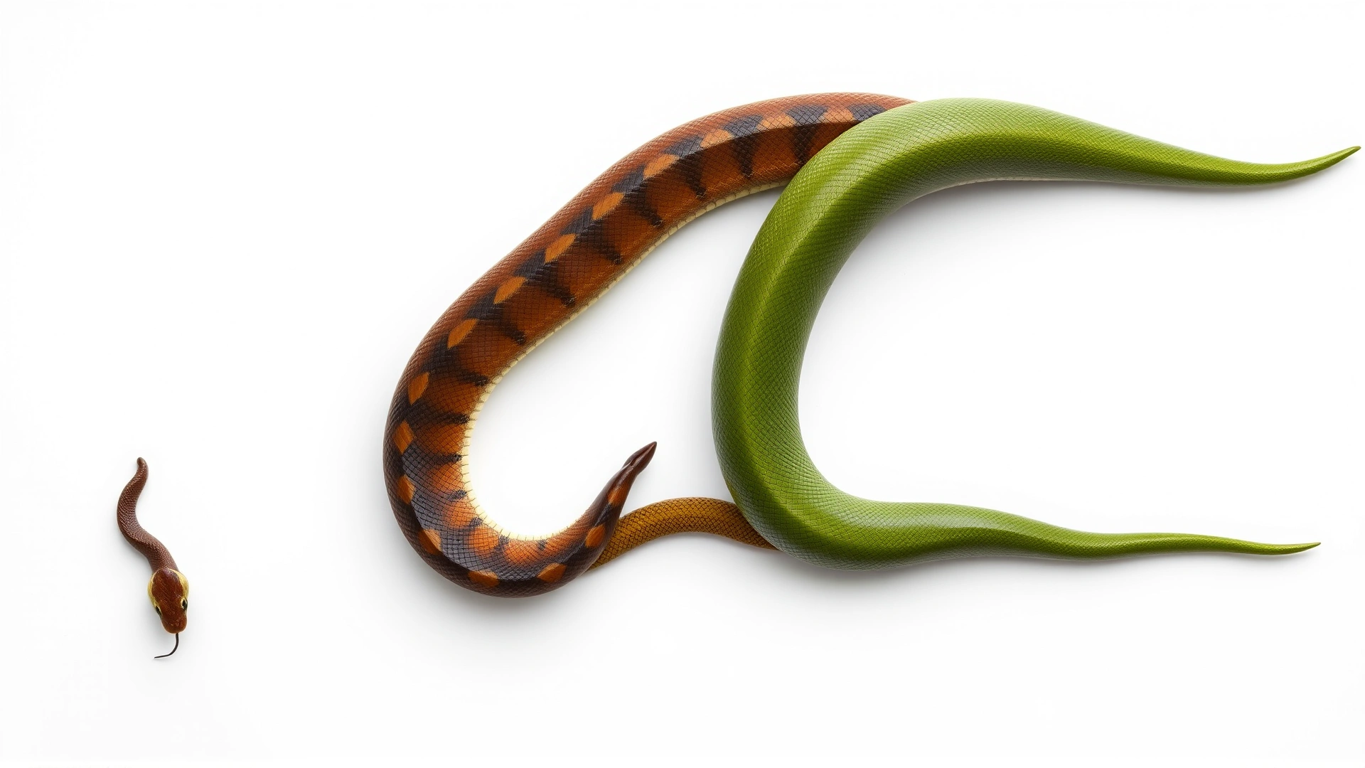Clean photograph of three snakes of distinctly different sizes (tiny blind snake, medium corn snake, large green anaconda) lying parallel on a plain white surface, captured from above to emphasize length differences.
