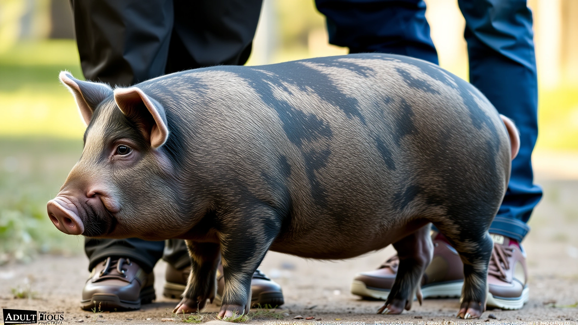 Adult potbellied pig standing next to a person’s legs to provide a clear size comparison, outdoor setting.