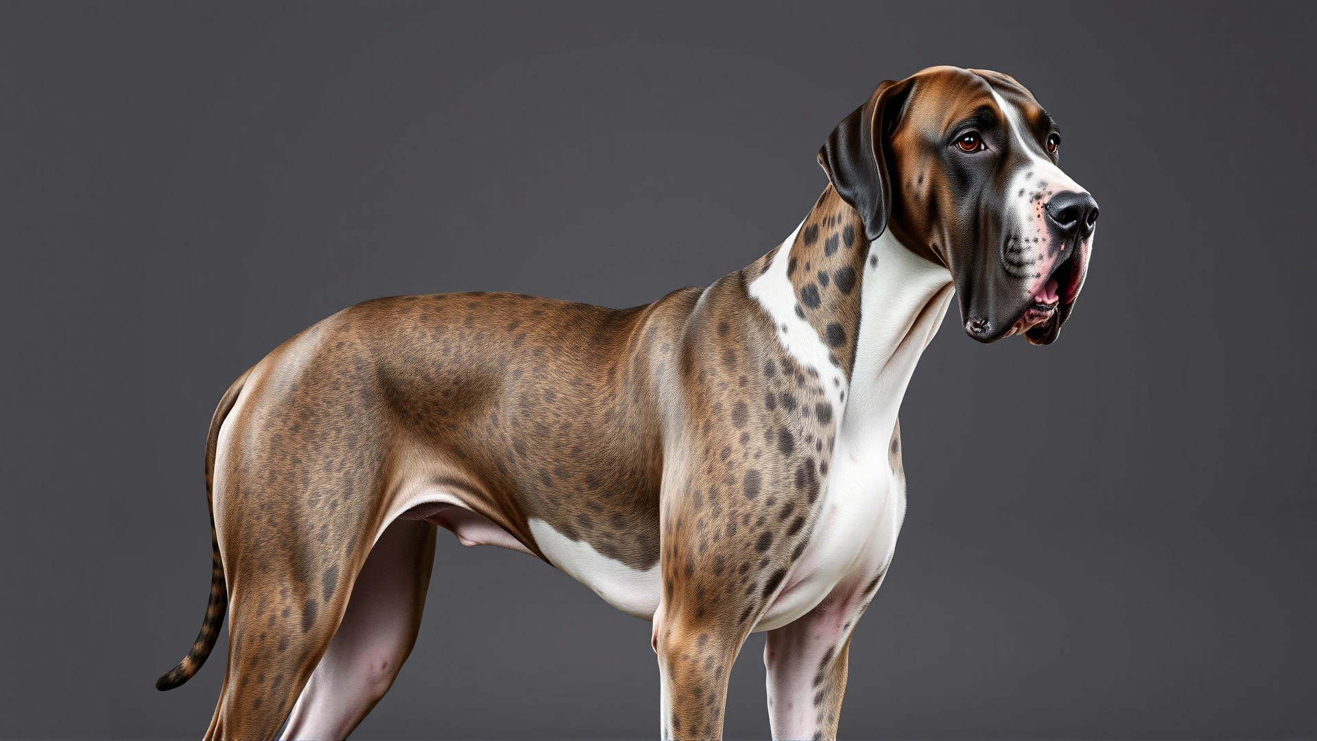 Adult Great Dane standing next to an average-height adult human to illustrate the dog's impressive size