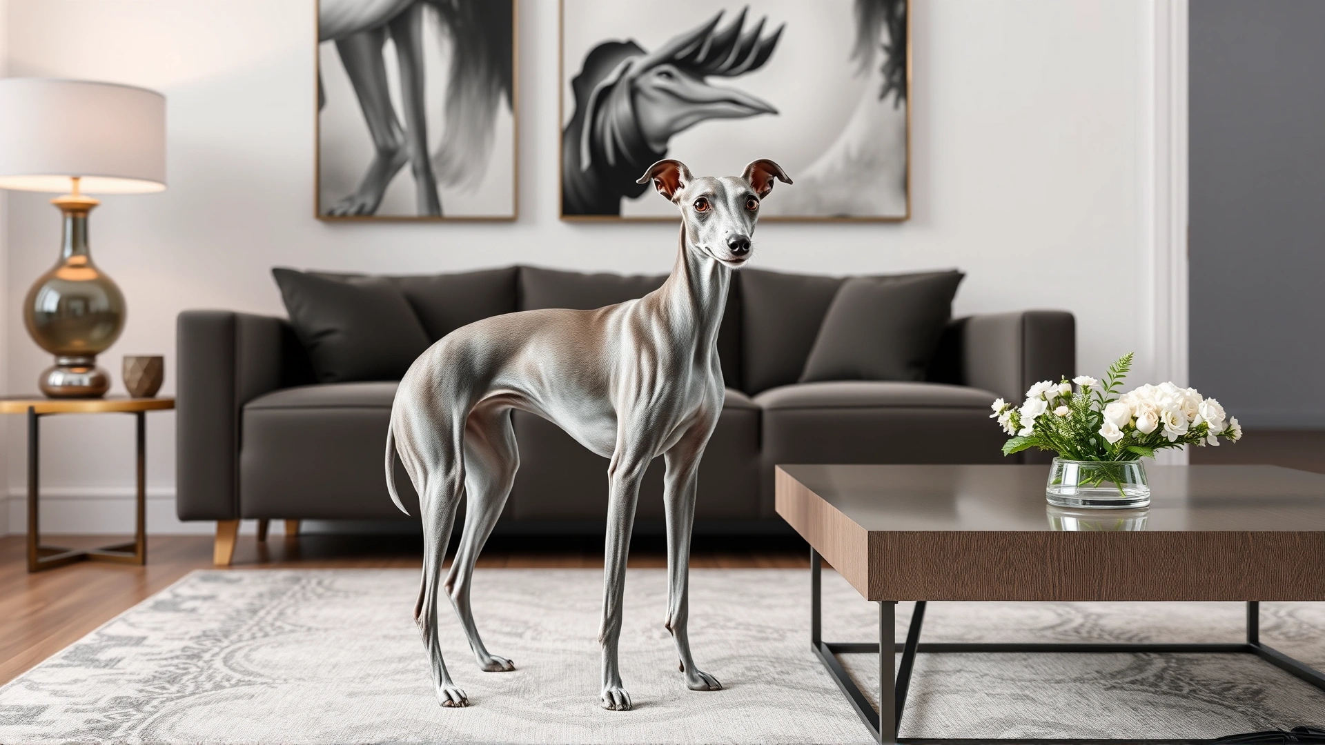 Italian Greyhound standing beside a standard coffee table in a stylish living room to illustrate its small stature