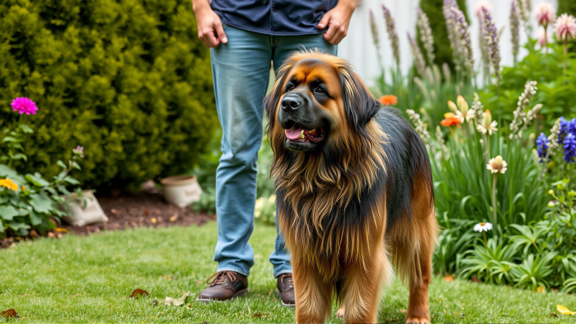 Leonberger standing next to an average-sized adult human for scale in a lush garden setting