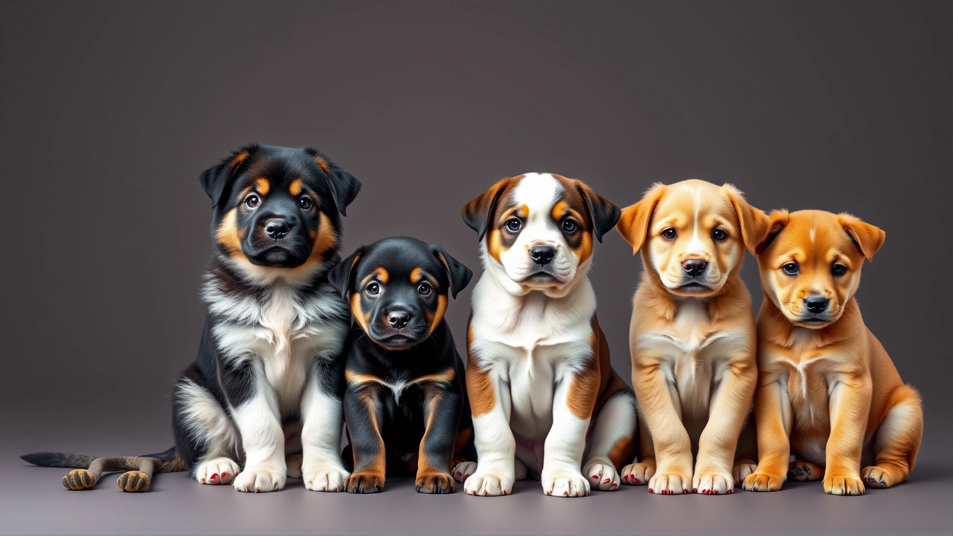 Lineup of four puppies of different breeds and sizes sitting side by side for size comparison, neutral background, studio lighting