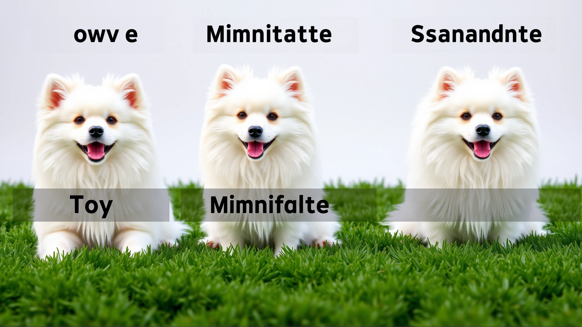 Side-by-side image showing Toy, Miniature, and Standard American Eskimo Dogs sitting on trimmed grass with a neutral background for clear size comparison.