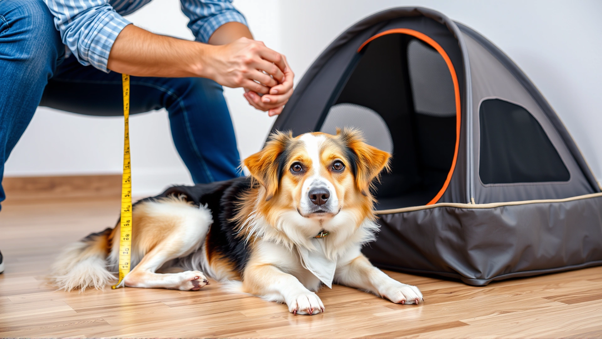 Owner measuring length of a medium dog with a tape measure while the dog lies on the floor next to a folded travel bed