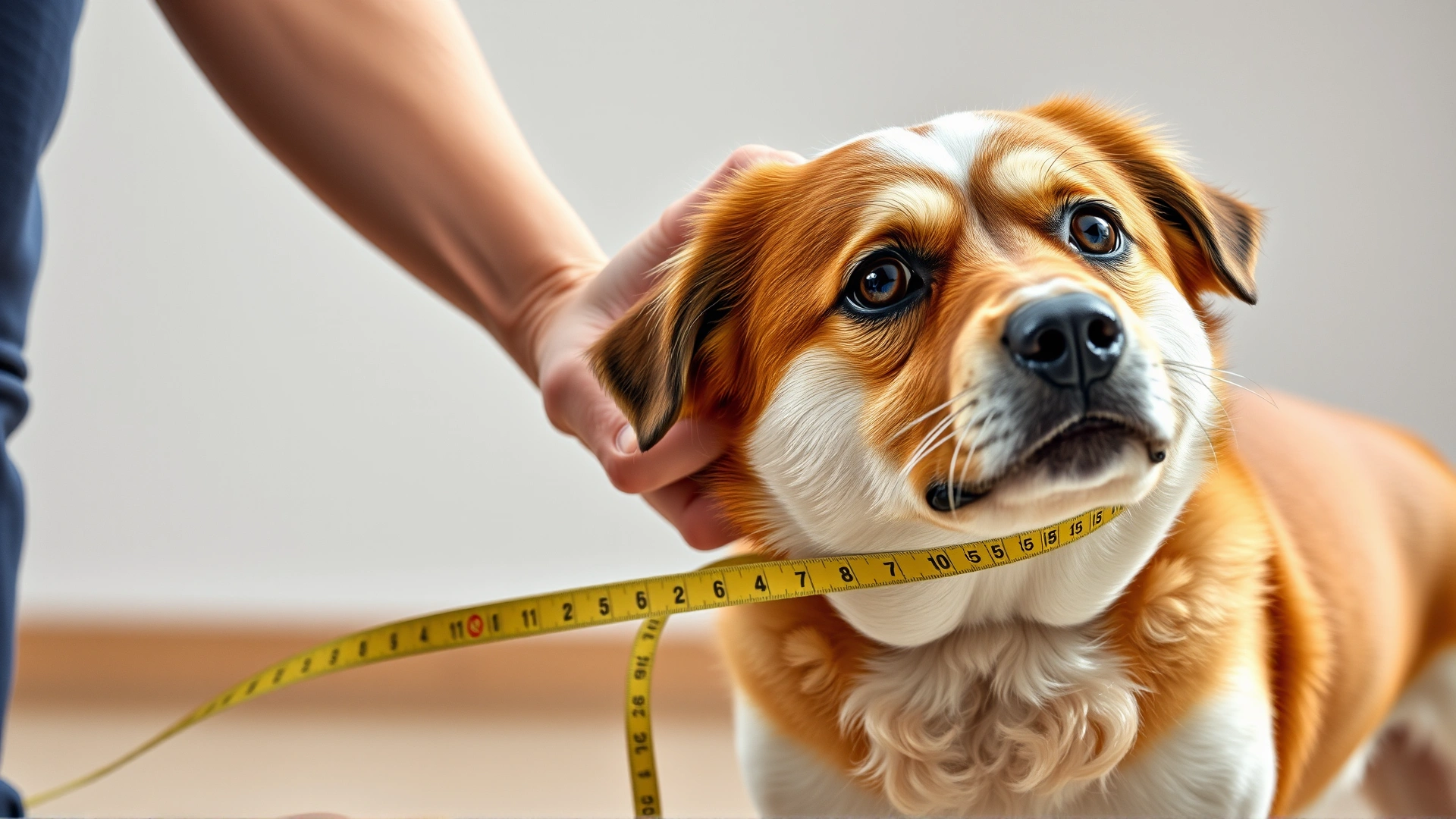 Close-up of a person gently measuring a medium-sized dog's chest with a soft tape measure while the dog stands calmly