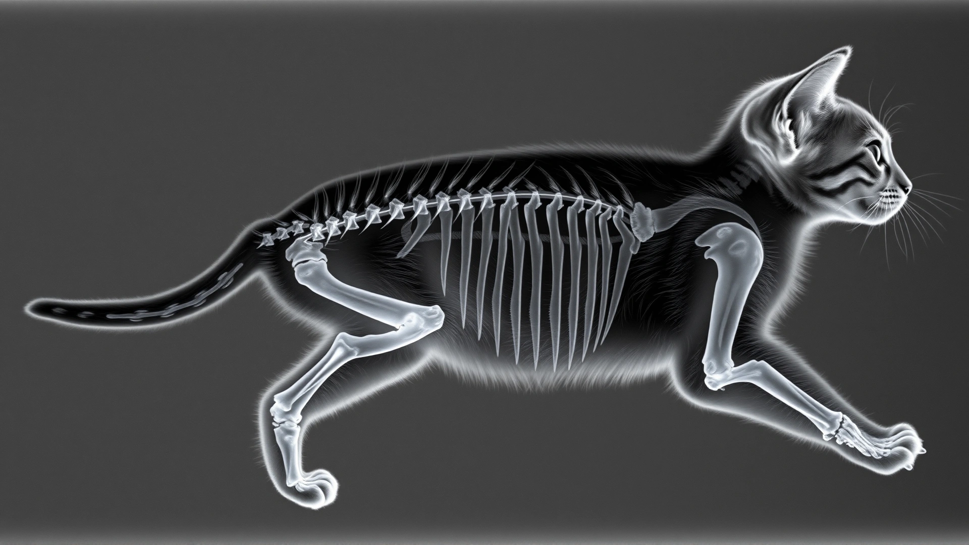 Lateral X-ray of a kitten showing curved spine (kyphosis) and shortened long bones, grayscale radiograph style