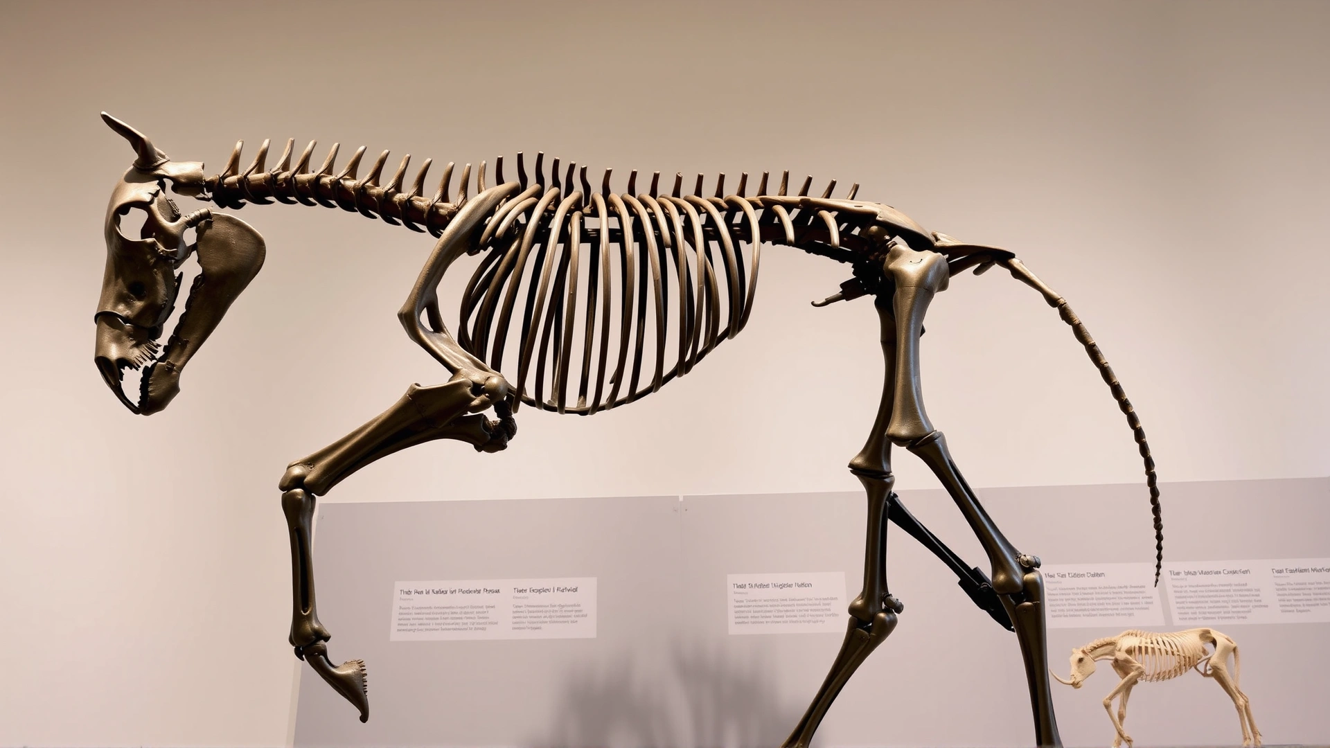 High-resolution photograph of a complete horse skeleton mounted on a neutral background in a museum exhibit, well-lit, no text