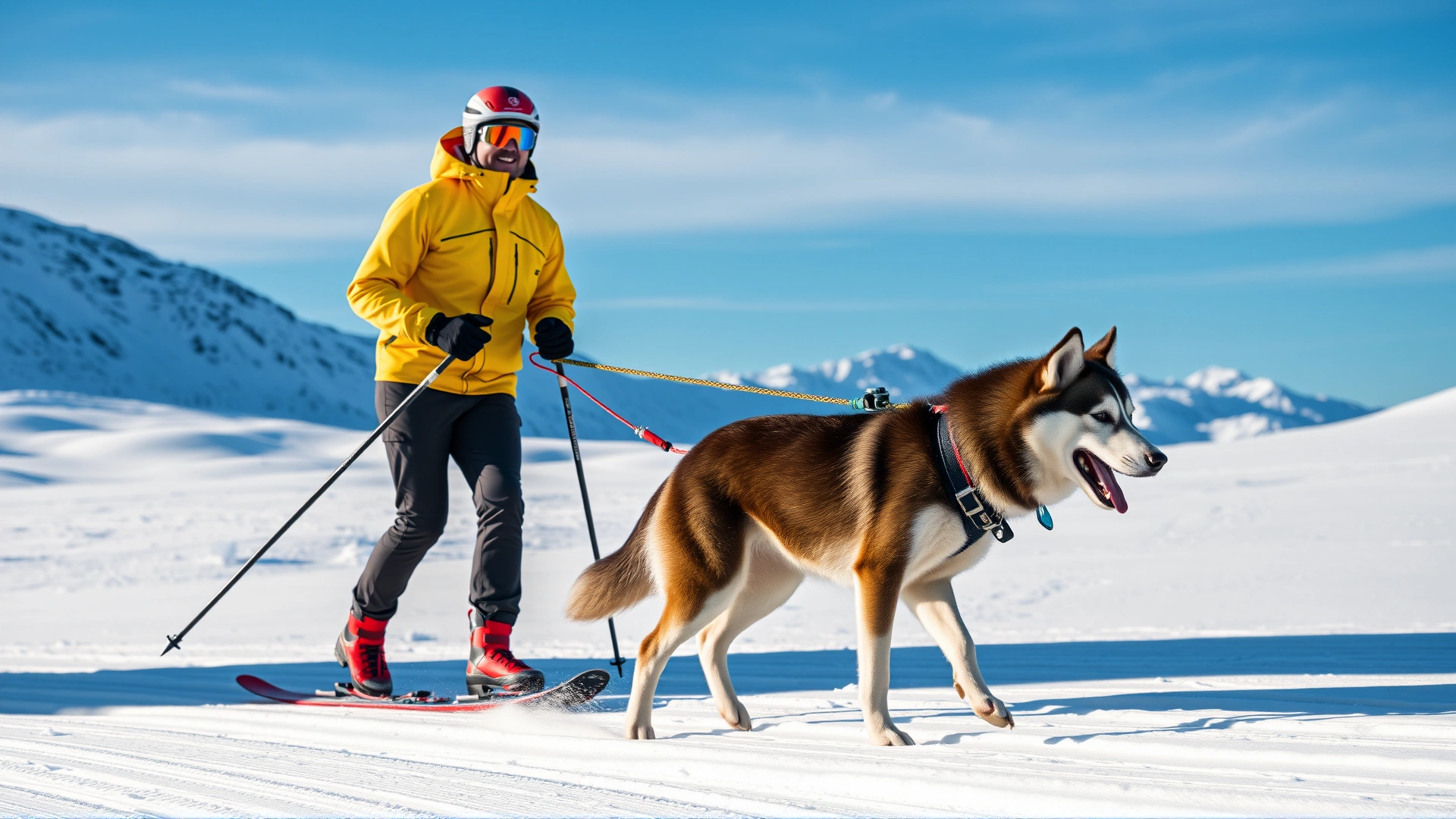 Cross-country skier in bright gear being pulled by a Siberian husky across a snowy mountainous landscape under a clear blue sky.