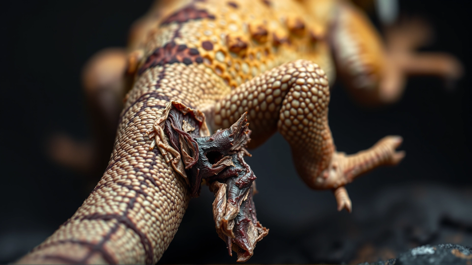 Macro shot of a lizard with retained shed on its tail and toes, showing problematic skin shedding.