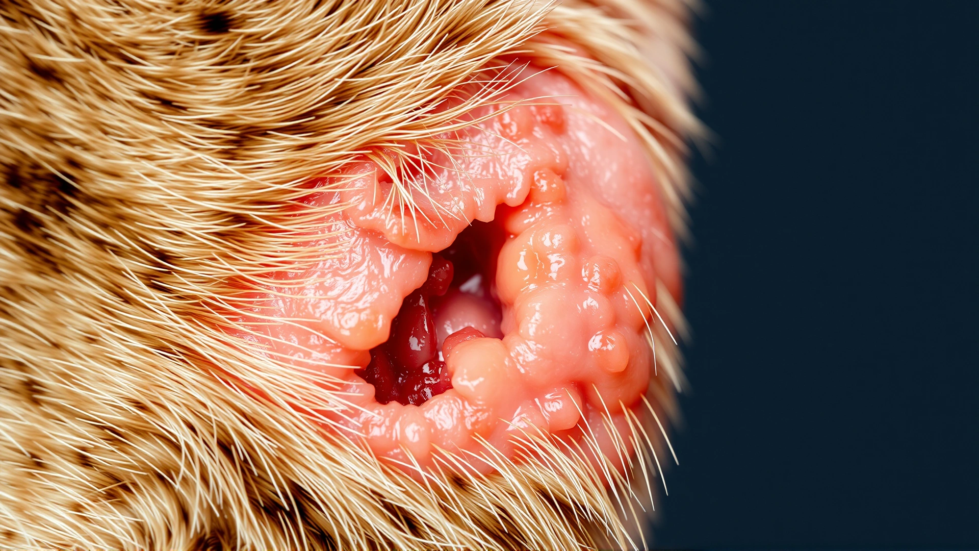 Extreme close-up of a feline acral lick granuloma, detailed texture of inflamed skin and missing fur, neutral background.