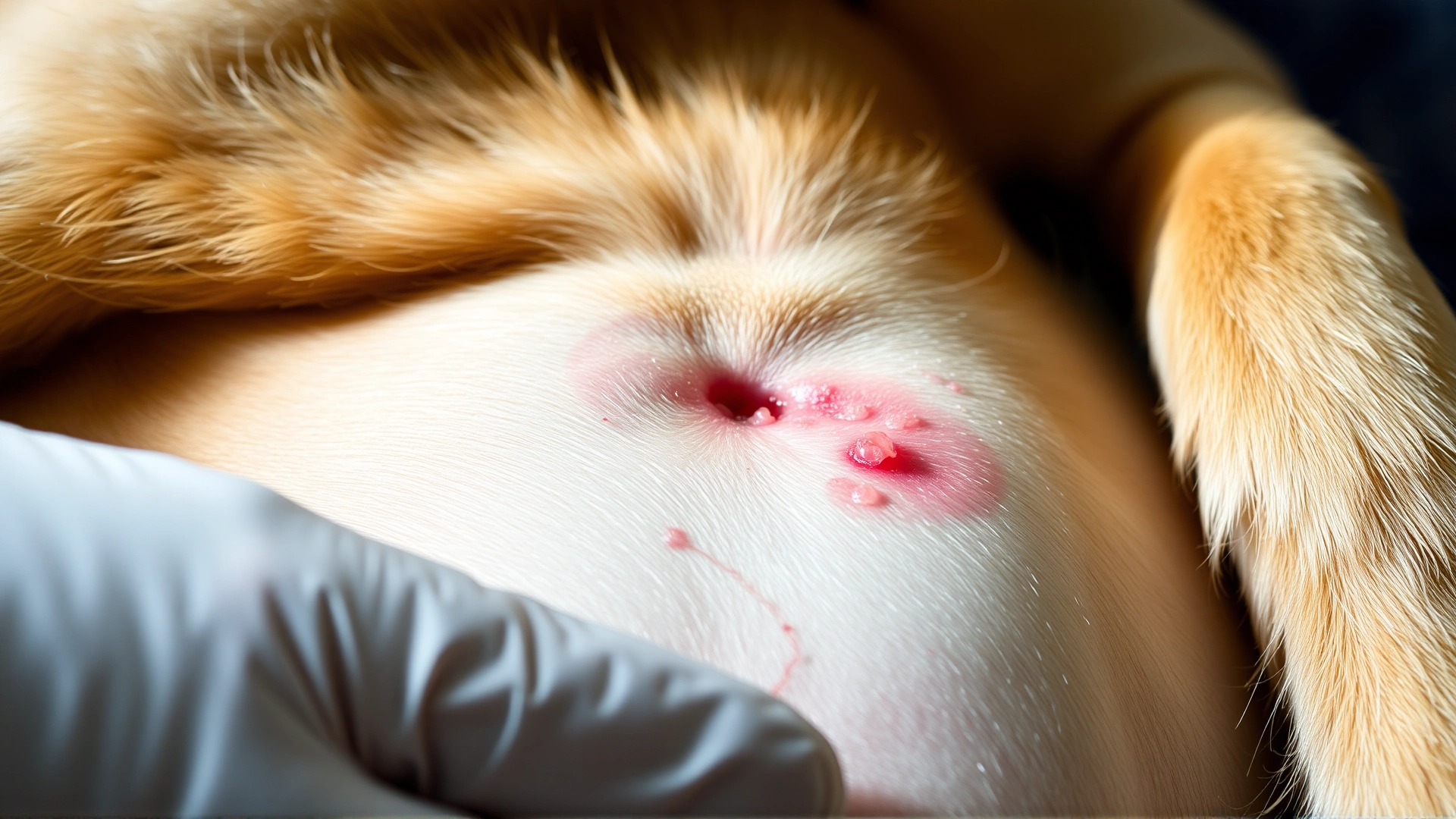 Macro shot of a dog’s belly showing mild redness and irritated skin under soft natural light, with the surrounding fur gently parted by a gloved hand