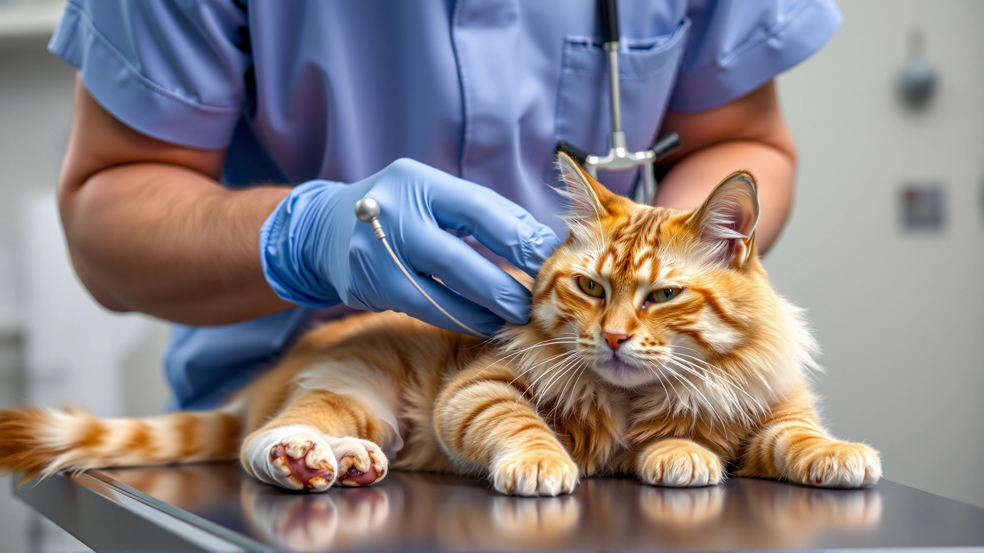Veterinarian wearing gloves gently examining a cat's ulcerated skin lesion on a treatment table, clinical setting with soft lighting