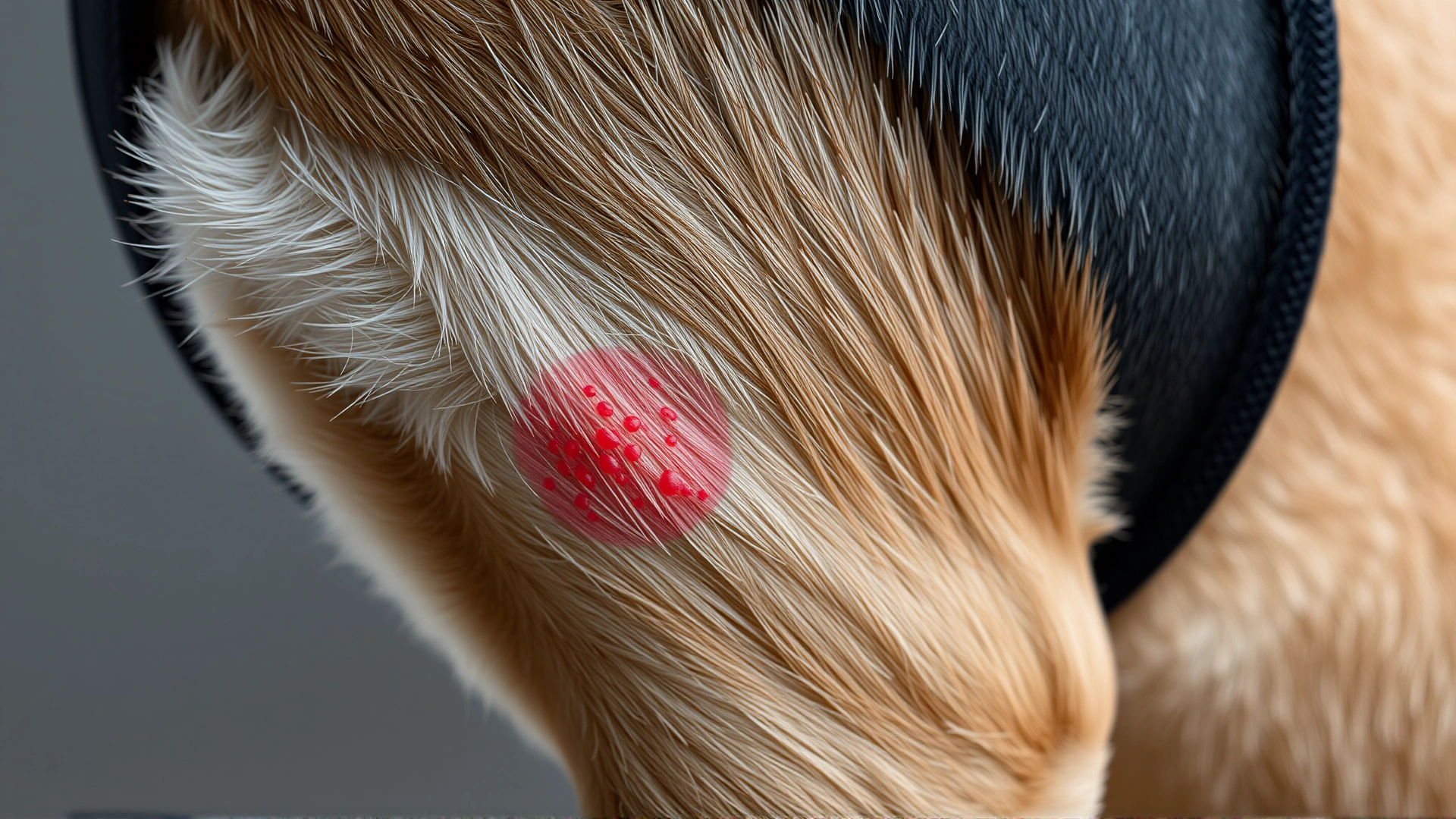 Close-up of a dog’s underarm area showing mild skin redness caused by harness rubbing, clear focus on affected fur and skin