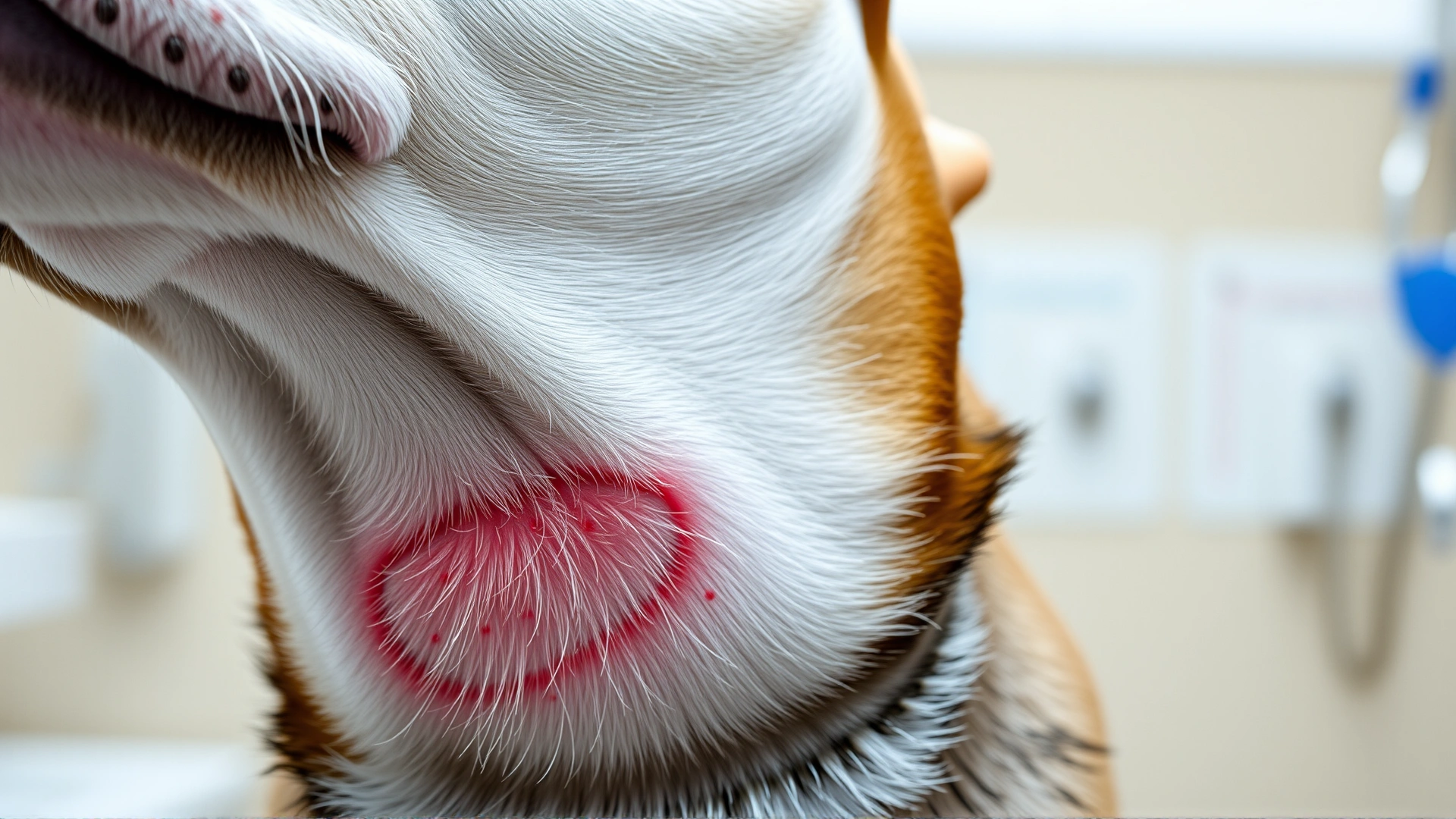Close-up of a dog's neck showing mild redness and hair loss beneath the collar, veterinary clinic background