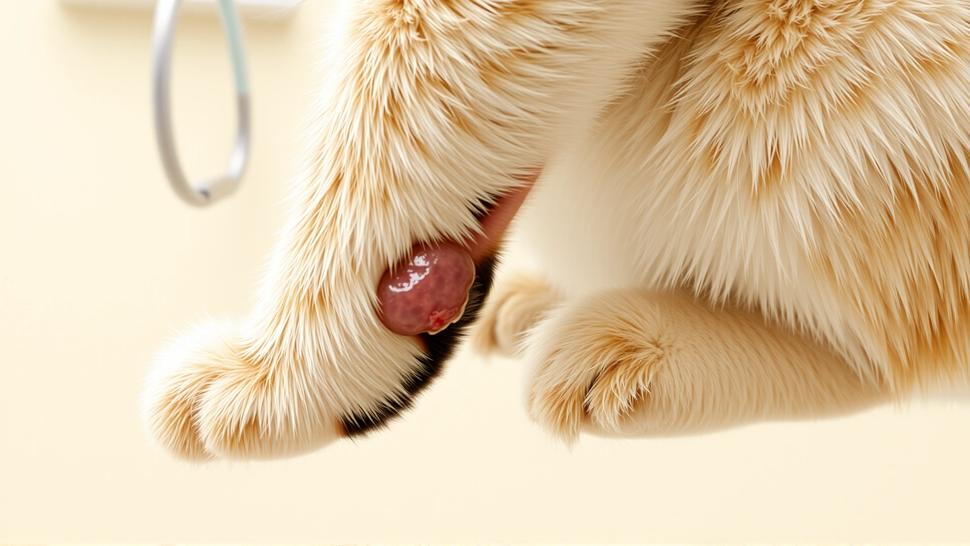 High-resolution image of a cat’s leg showing a small ulcerated skin lesion, clinical yet not graphic, neutral veterinary clinic background.