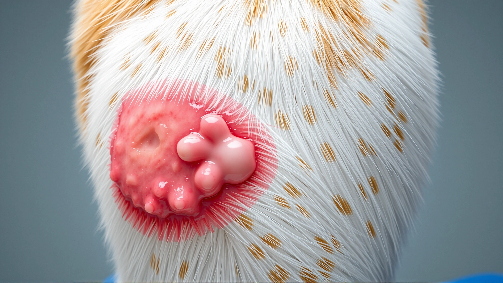 Close-up image of a cat’s shaved hind leg with a visible draining skin lesion surrounded by mild inflammation. Clinical background, neutral lighting.