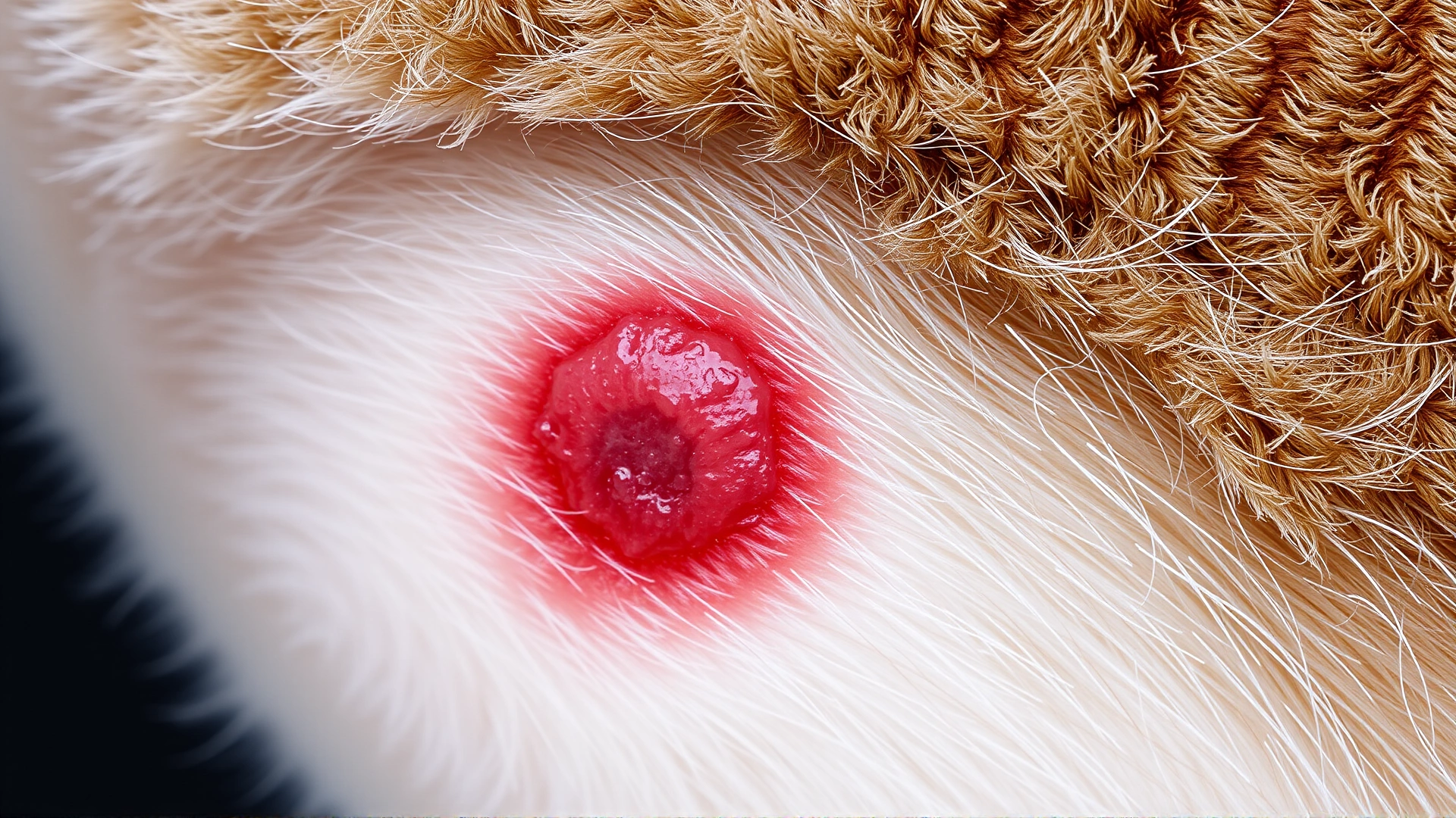 Macro shot of a feline skin lesion—reddish, slightly raised plaque on a cat’s abdomen—neutral background to emphasize the lesion detail.