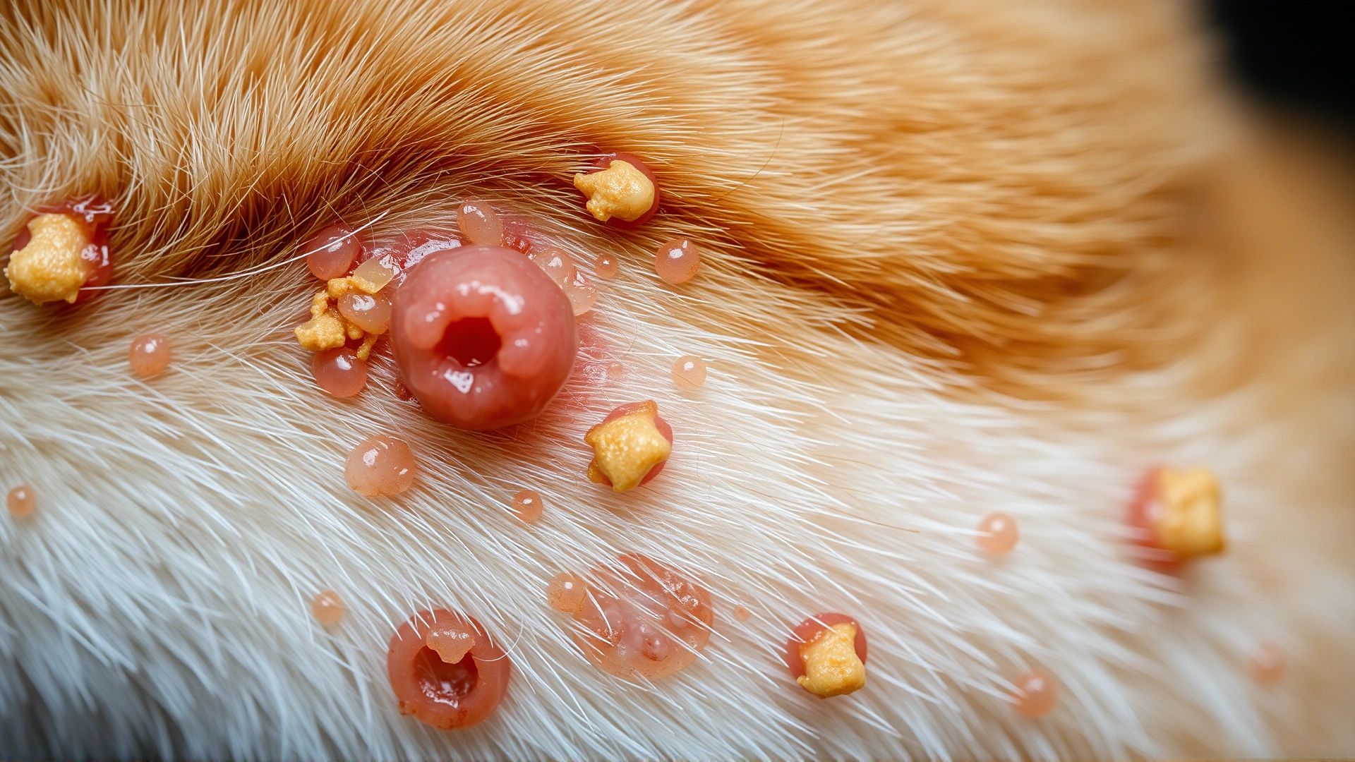 Macro shot of a cat’s skin with visible pustules and crusts, demonstrating superficial pyoderma lesions. No text on image.
