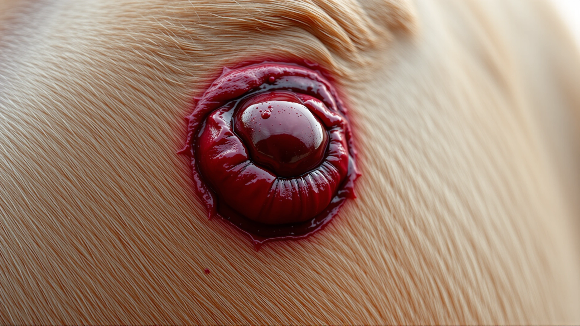 Macro photo of a horse's skin showing a small raised boil with surrounding redness, realistic, no text