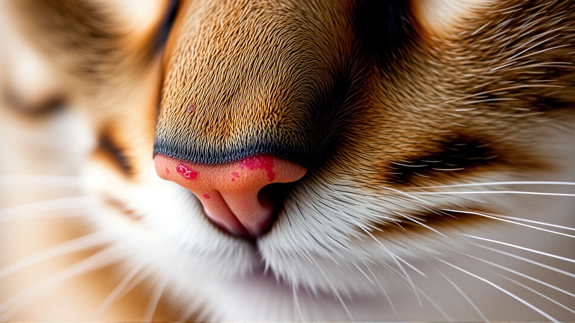 Macro shot of a cat's nose and muzzle showing mild skin lesions and redness, high resolution