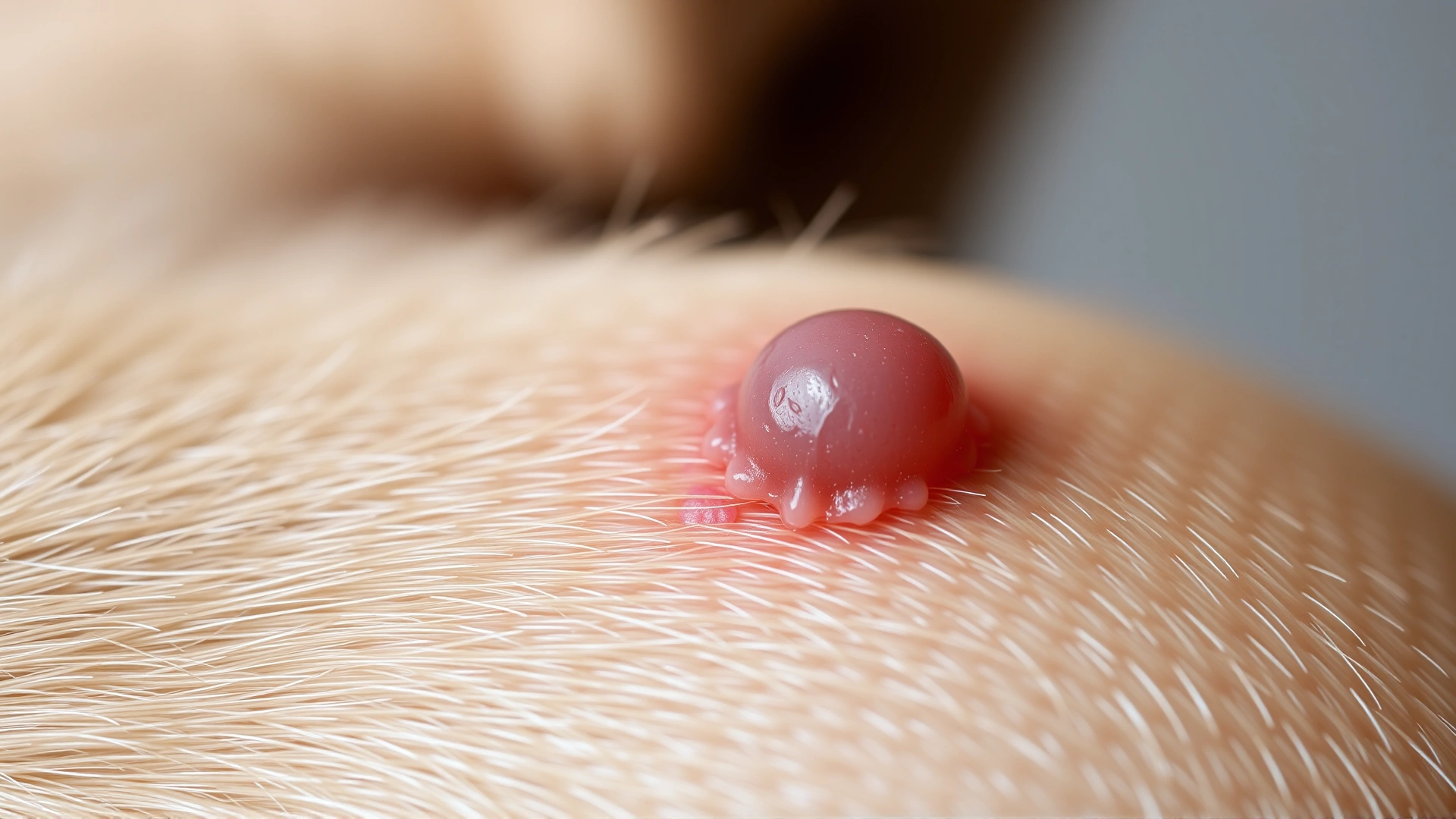 Macro shot of a small benign skin tag on a dog's skin surrounded by short fur, sharp focus, neutral background