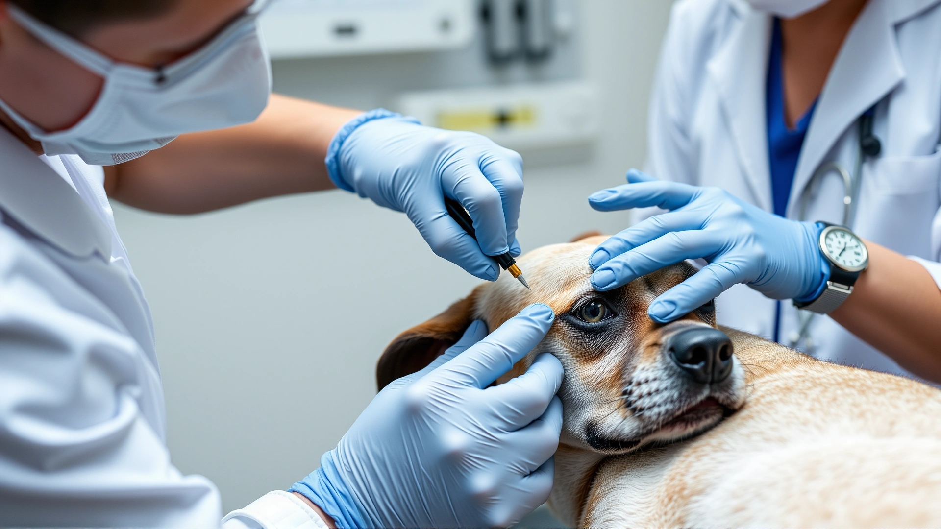 Veterinarian in a white coat performing an intradermal skin test on a dog’s shaved flank in a clinical setting.