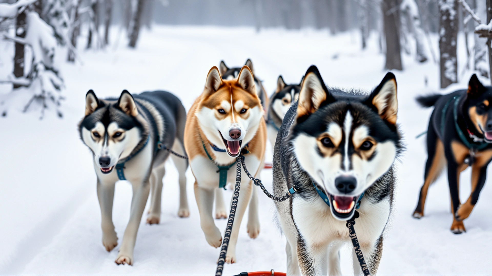 Team of huskies pulling a lightweight sled through a snowy forest, breath visible in cold air.