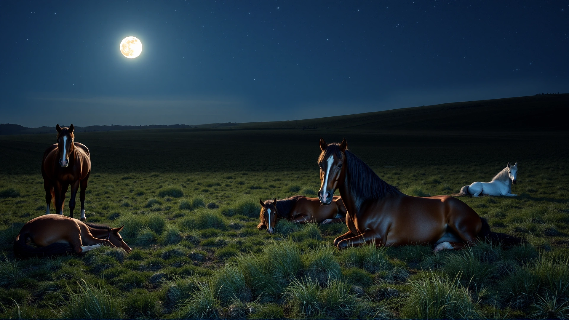 Nighttime pasture scene with several horses resting; some standing, some lying down beneath a starry sky with soft moonlight.