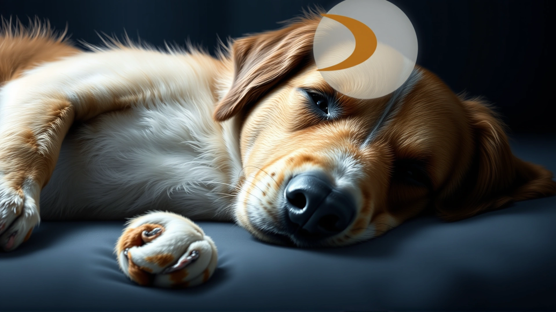 Illustrative photo of a dog lying on its side with subtle eye movement visible, representing the REM sleep phase.