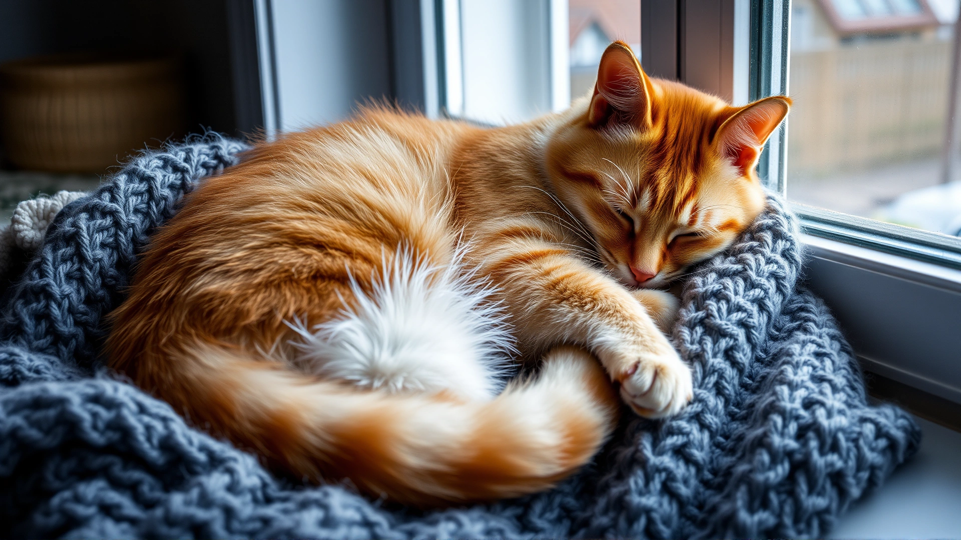 Fluffy ginger cat curled up sleeping peacefully on a knitted blanket near a window, cozy atmosphere, no text