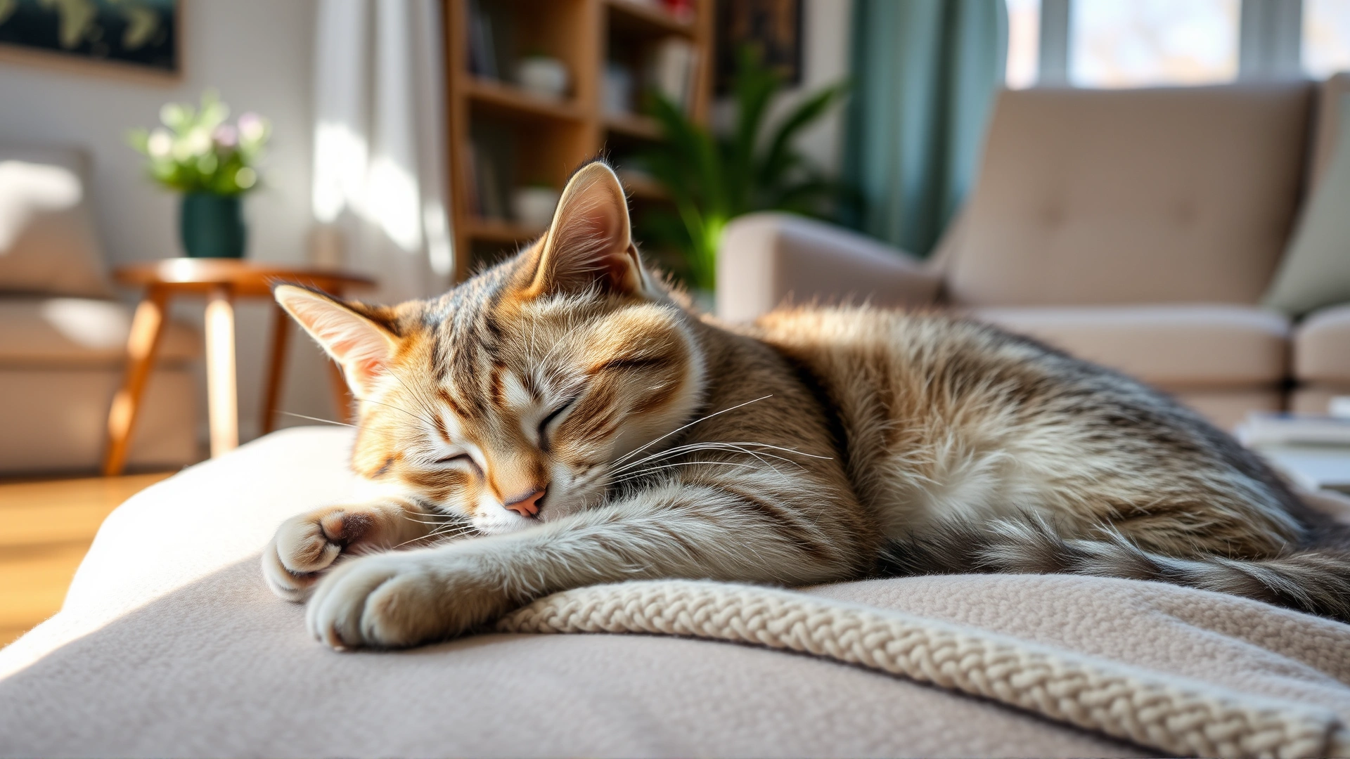 A recently vaccinated cat comfortably sleeping on a soft blanket in a sunlit living room, representing mild post-vaccination lethargy.
