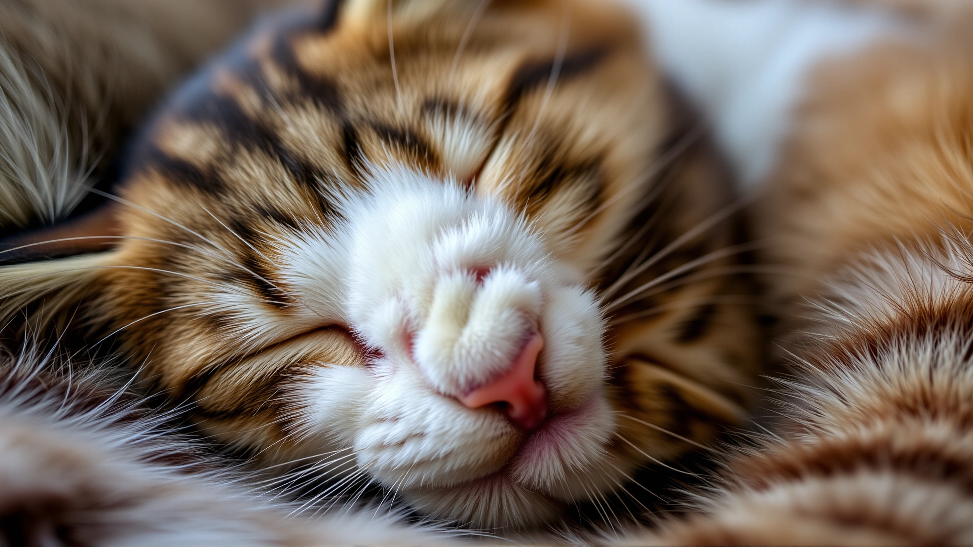 Close-up photo of a domestic shorthair cat curled up and asleep, with its paw over its nose, soft evening light.